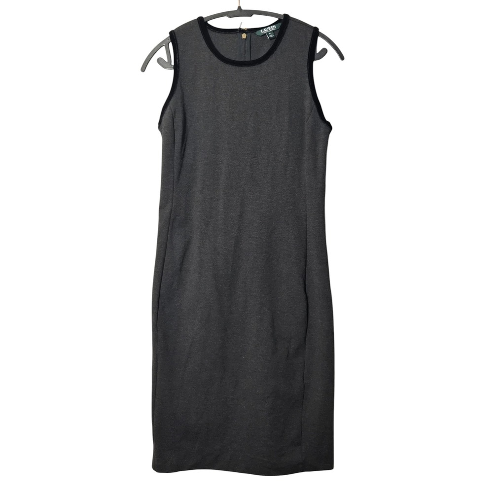 Ralph Lauren Velvet Trim Sleeveless Ponte Sheath Dress Grey M Classic Office